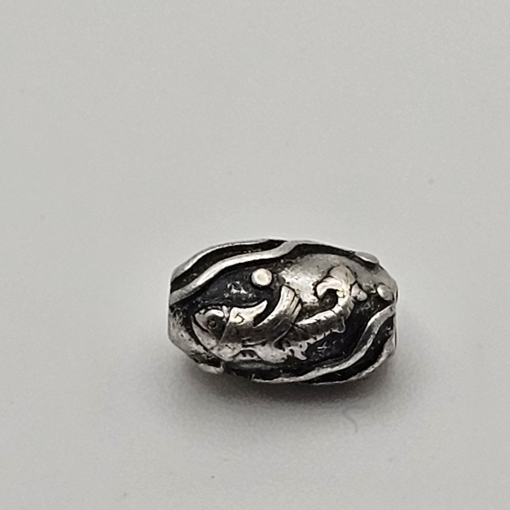 Oval Barrel Fish Bead Heavy 8.2 Grams Silver Tone Antique Patina Finish